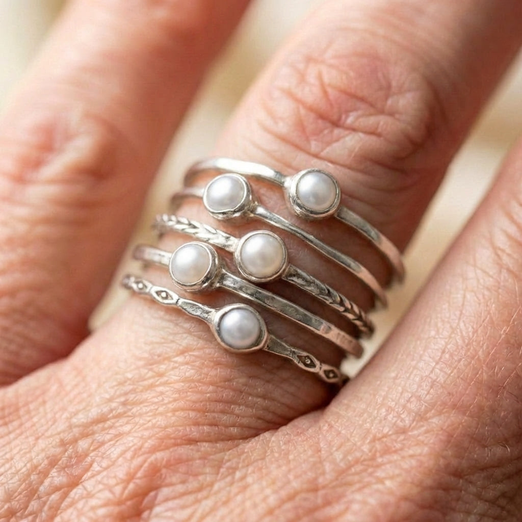 Vintage Inlaid Pearls Layered Silver Ring