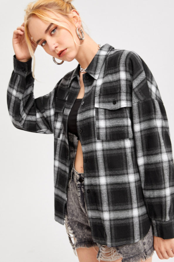 Plaid Stand Collar Button Shirt Blouse