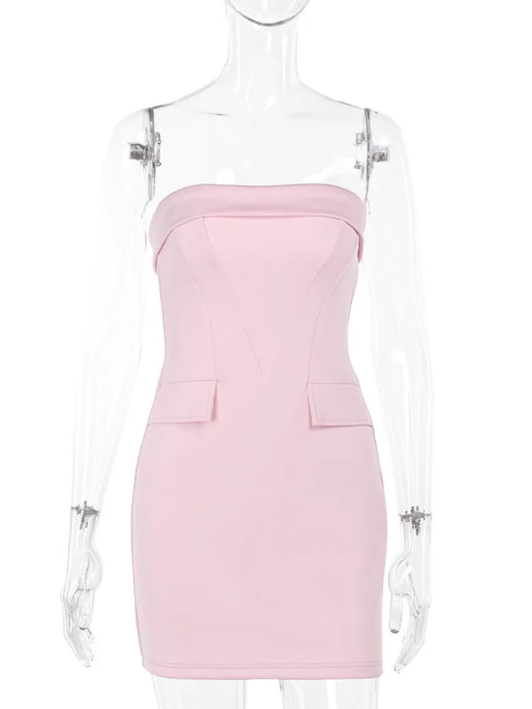 Fantoye Strapless Pocket Dress Pink Backless High Waist Mini Dress Female Summer Skinny Party Clubwear