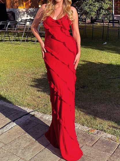 Red Halter Backless Slit Ruffles Maxi Dress