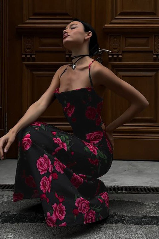 Print Backless Tie Maxi Dress