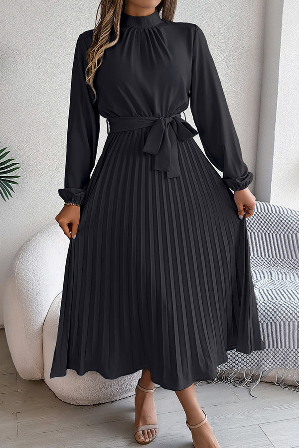 Stand-collar Long-sleeve Waisted Tie-up Pleated Midi Dress