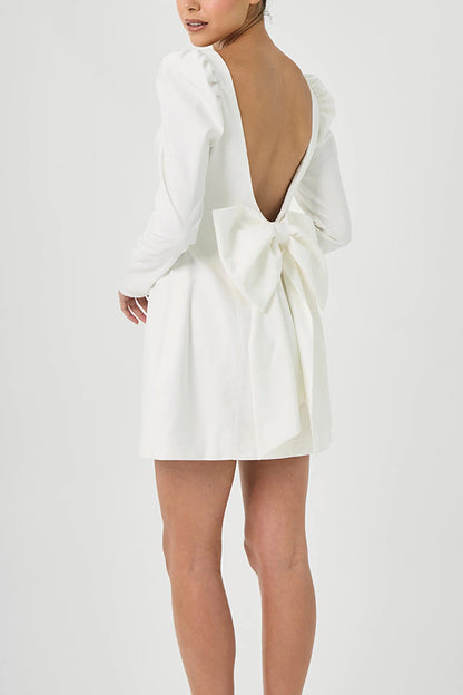 Party Dress Fluffy Shoulder Long Sleeved Back Bow Detail Mini Dress