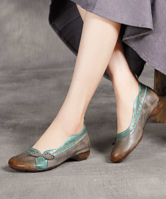 Grey Print Cowhide Leather Flat Shoes for Splicing Flats