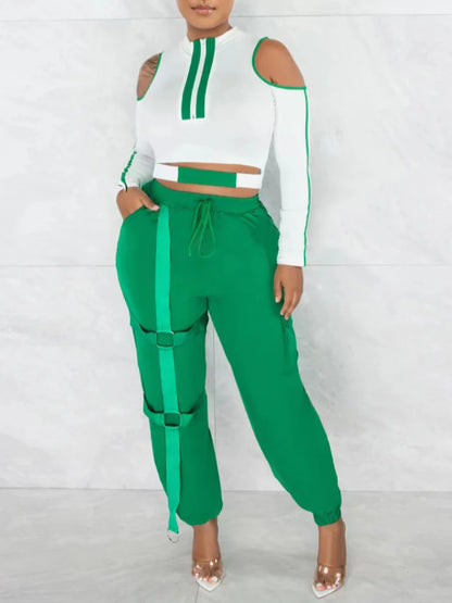 Color Block Zipper Cut Out Round Neck Cold Shoulder Pierced Drawstring Two Piece Pants Set