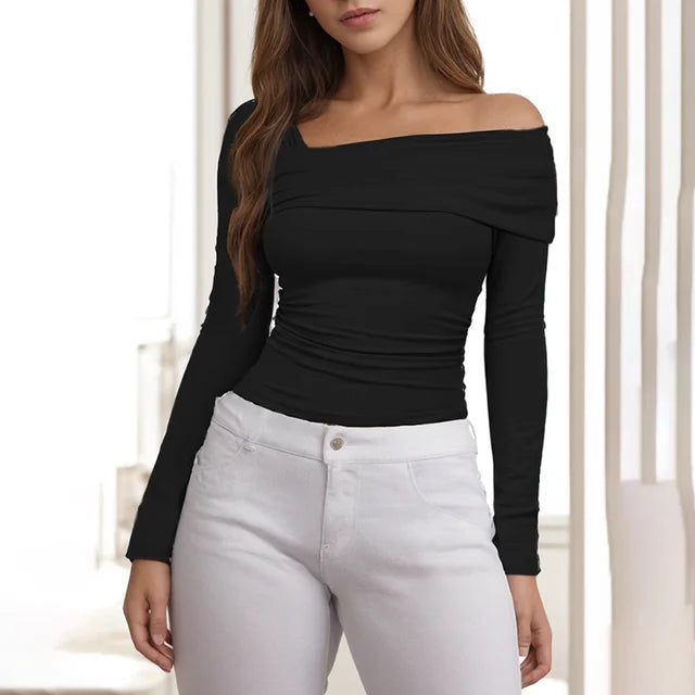 Basic Undershirt Slash Off Shoulder Full Sleeve Shirt Shrunk Soft T-shirt Autumn Versatile Street Daily Top