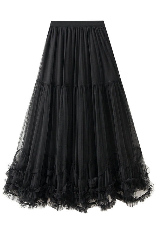 Tulle Stretch Waist Paneled Pleated Maxi Skirt