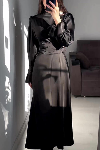 Color Ruffled Sleeves Waisted Tie Slim Fit Maxi Dress