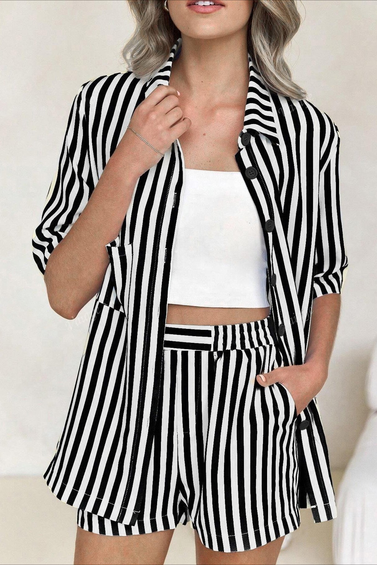 Button Down Striped Short Sleeve Blouse Shorts Set