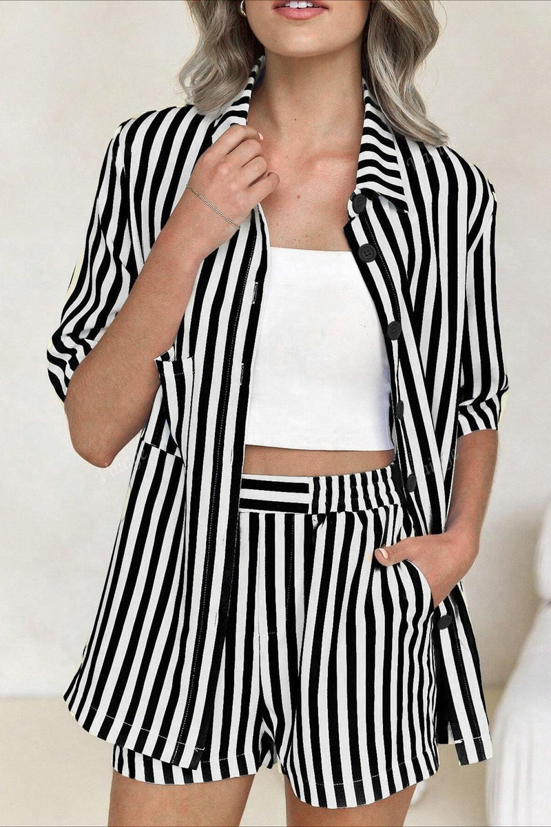 Button Down Striped Short Sleeve Blouse Shorts Set