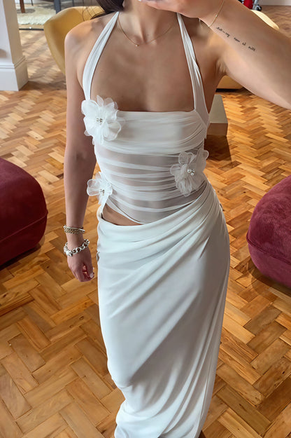 3d Patchwork Halter Slim Cutout Waist Maxi Dress