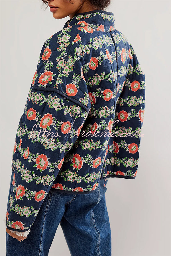 Print Pocket Contrast Concealed Button Cotton Coat
