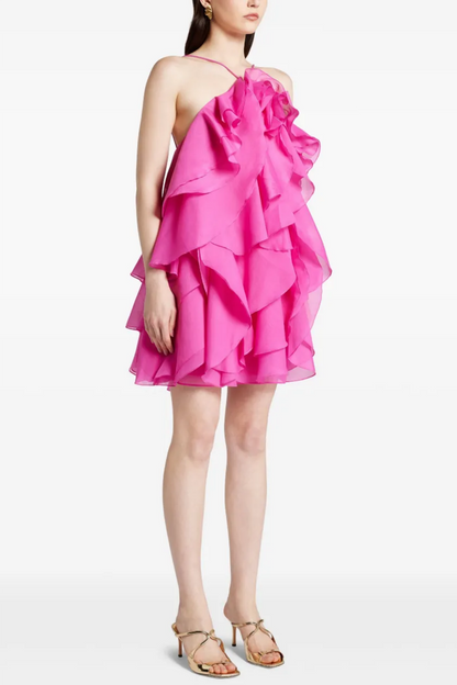 Caysie Halter Ruffle Layered Mini Dress - Fuchsia
