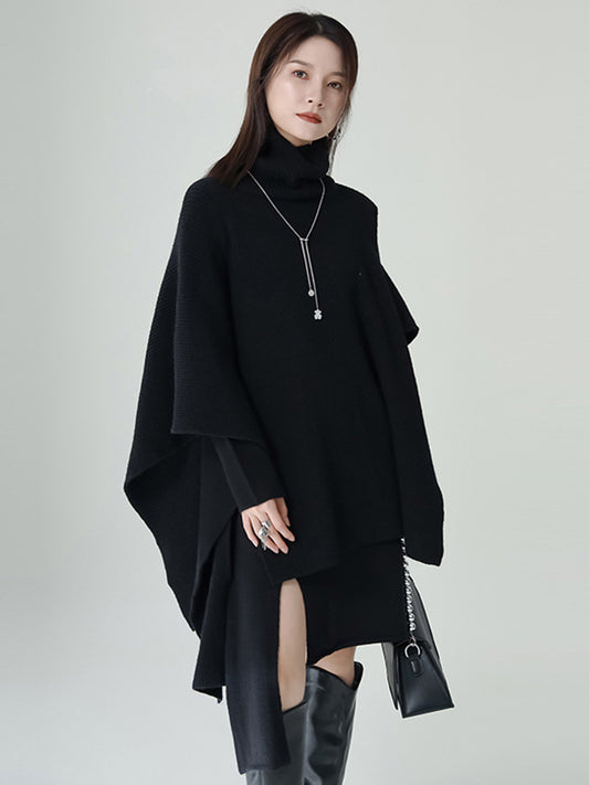 Long Sleeves Loose Color High-neck Shawl&sweater Dresses Two Pieces Set