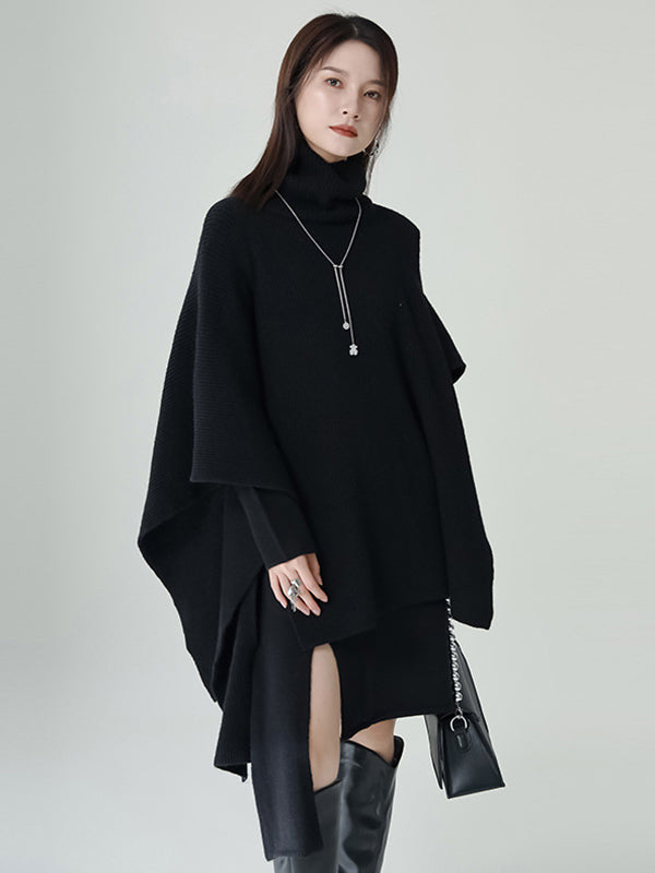 Long Sleeves Loose Color High-neck Shawl&sweater Dresses Two Pieces Set
