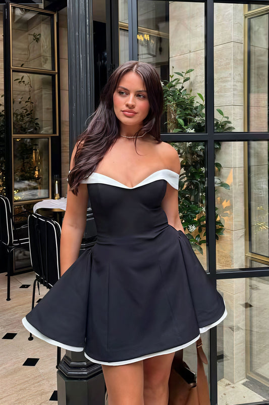 Color Block Ruffle Off Shoulder Mini Dress