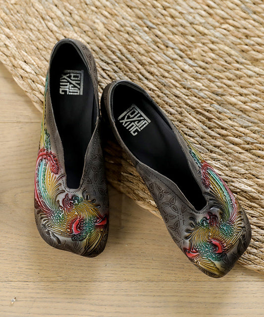 Embossed Flat Shoes for Grey Cowhide Leather