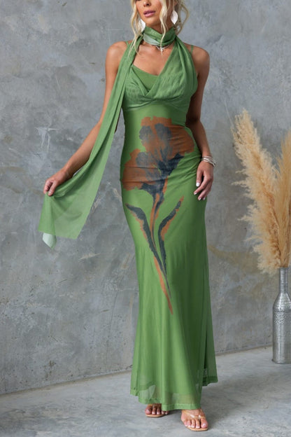 Larne Mesh Print Wrap Style Neckline Stretch Maxi Dress