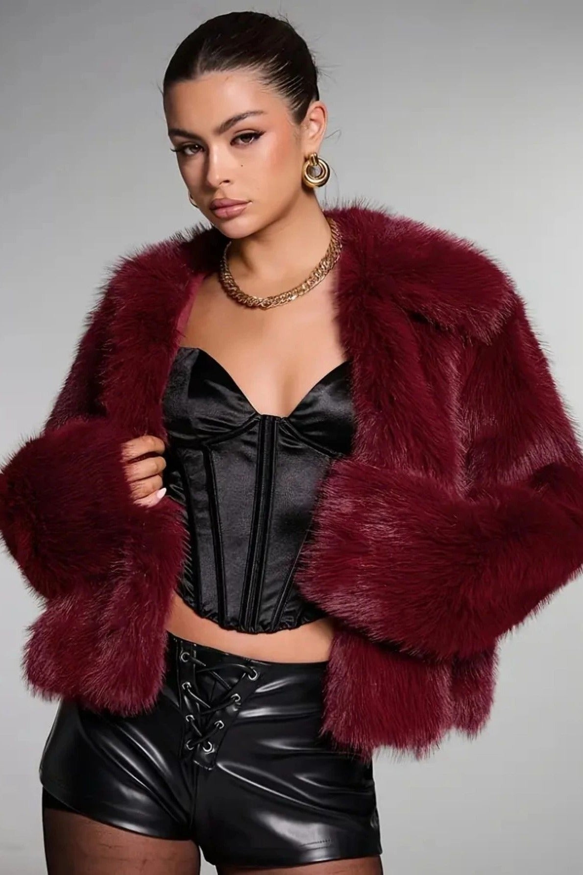 Faux Fur Buttoned Long-sleeve Coat