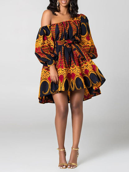 High Waisted Loose Elasticity Printed Tied Waist One-shoulder Mini Dresses