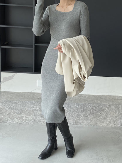Simple Skinny Long Sleeves Color Square-neck Sweater Dresses