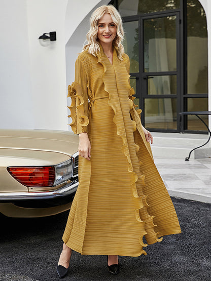 Original Loose Long Sleeves Tied Pleated Falbala Color V-neck Maxi Dresses