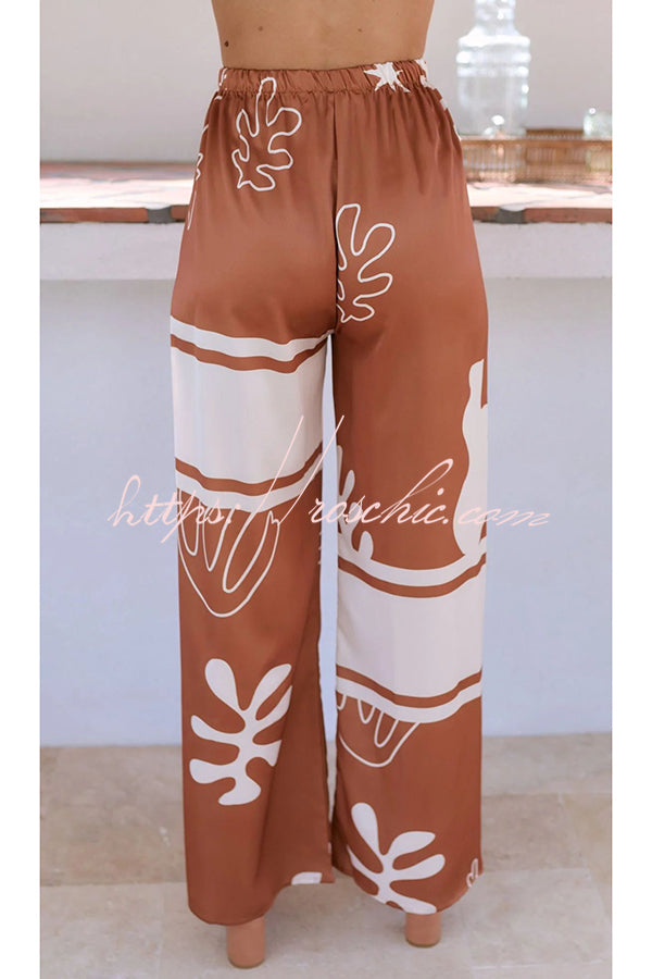 The Beach Unique Color Block Print Button Up Shirt and Elastic Waist Pants Set