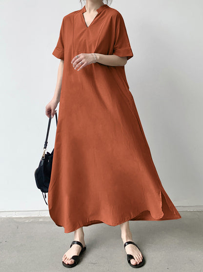 Loose Short Sleeves Color V-neck Maxi Dresses