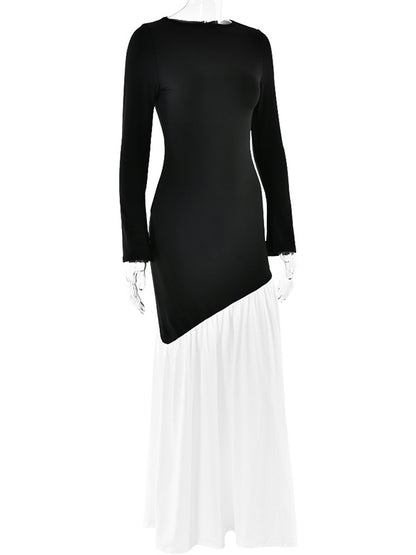 Bodycon High Waisted Contrast Color Pleated Split-joint Round-neck Maxi Dresses