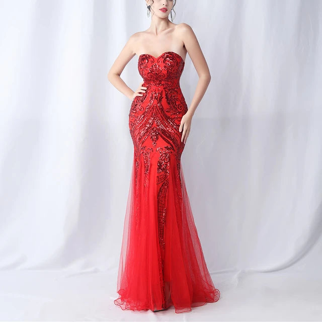 New High Waist Slim Fishtail Party Long Dresses Woman Tube Top Sleeveless Backless Sequined Evening Dress
