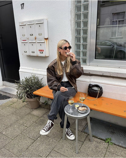 O-neck Zipper Loose Lantern Long Pocket Short Coat