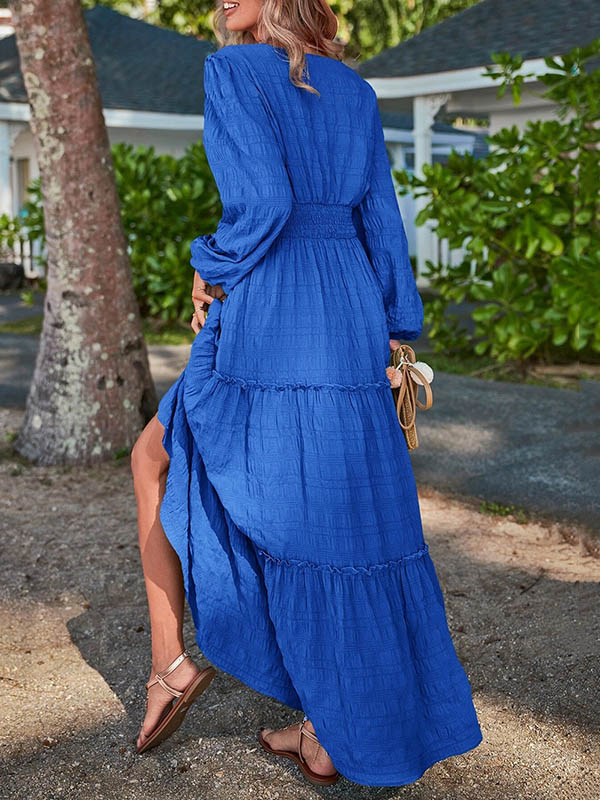 A-line Long Sleeves Elasticity Color Split-joint V-neck Maxi Dresses