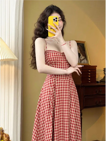 Plaid Midi Dress French Spaghetti Strap A-line Spring Summer Holiday Beach Style Prom Robe Vestidos Mujer
