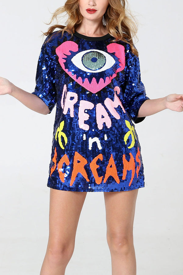 Love Eyes Letters Sequined Round Neck Short Sleeve Mid-length Loose T-shirt