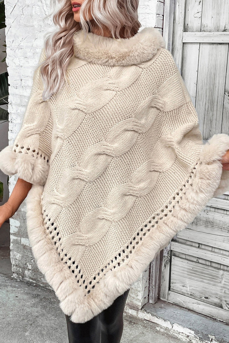 Cable Knit Fleece-collar Poncho Coat