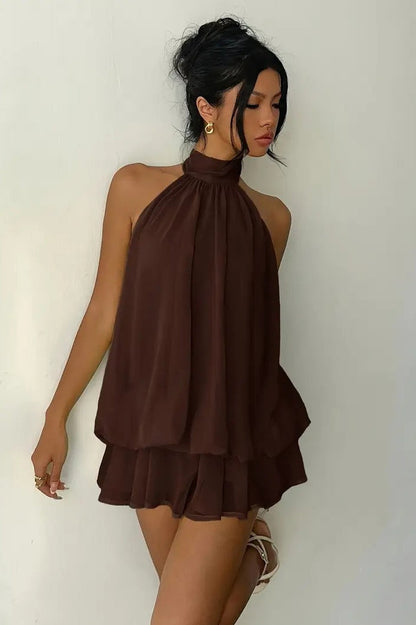 Backless Halter Tie Waist Slim Fit Ruffled Mini Dress