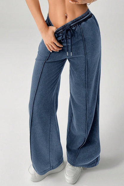 Color Drawstring Waist Wide Leg Sweat Pants