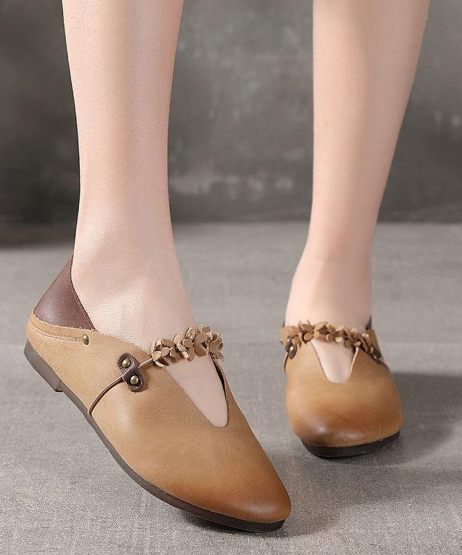 Khaki Flat Feet Shoes Cowhide Leather Splicing Flat Shoes for