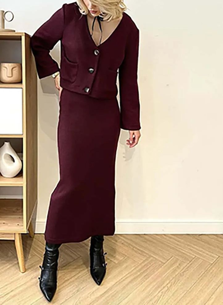 White Knitting V-neck Slim Skirt Office Two Piece Set