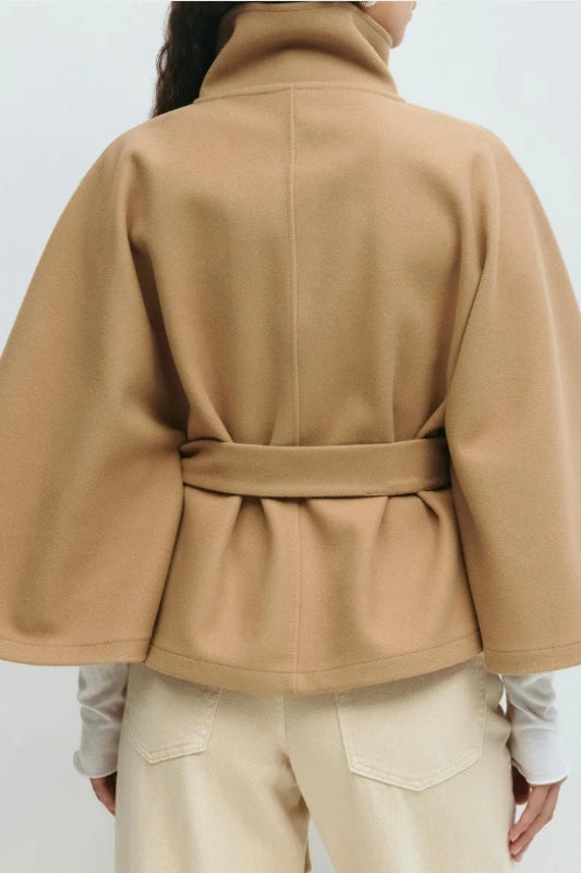 Cape Stand Collar Buttoned Waist-tied Trench Coat