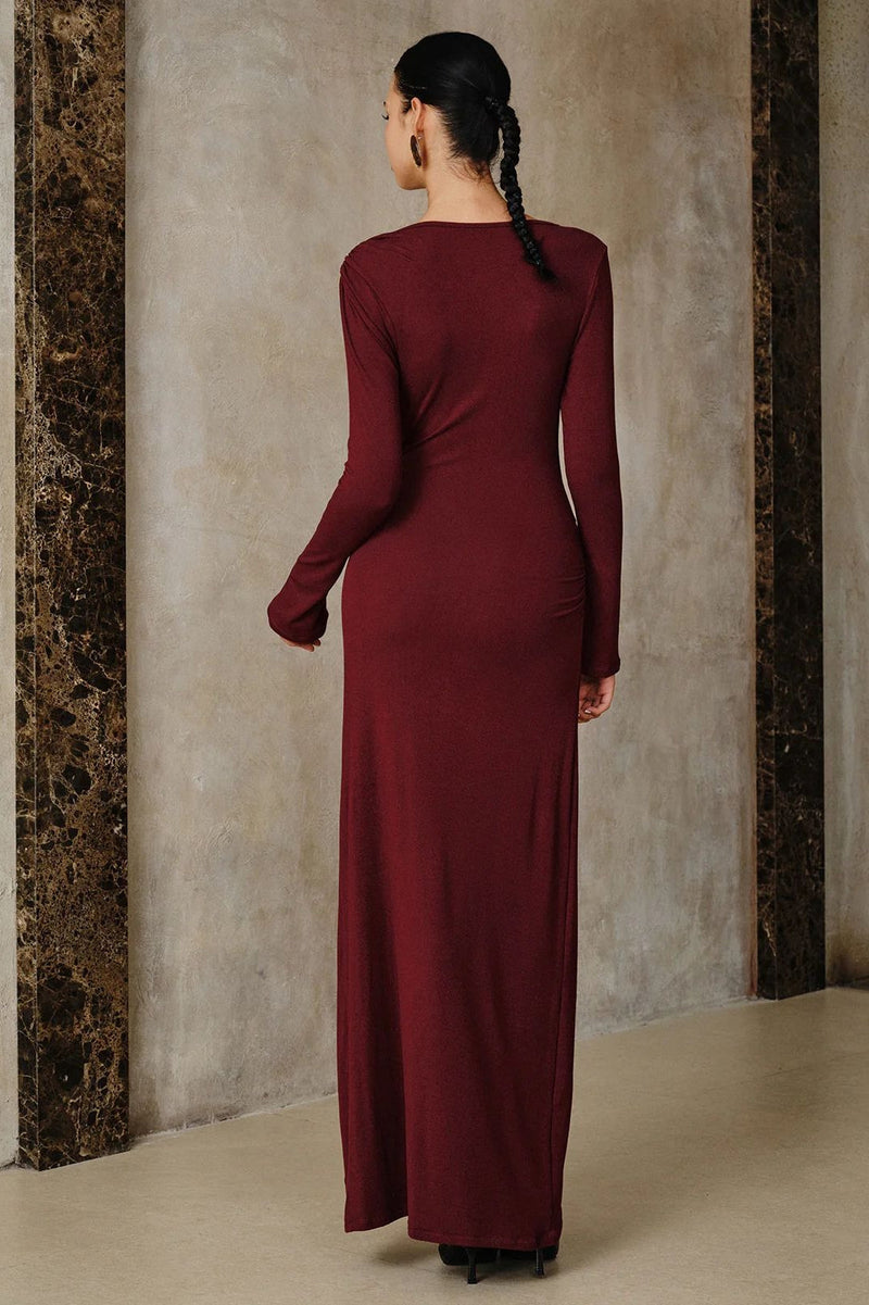 Metal Accents Ruched Fitted Waist Slim Maxi Dress