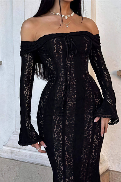 Off Shoulder Lace Flare Sleeve Fitted Train Maxi Dress