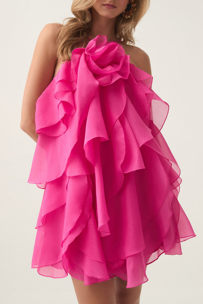 Caysie Halter Ruffle Layered Mini Dress - Fuchsia