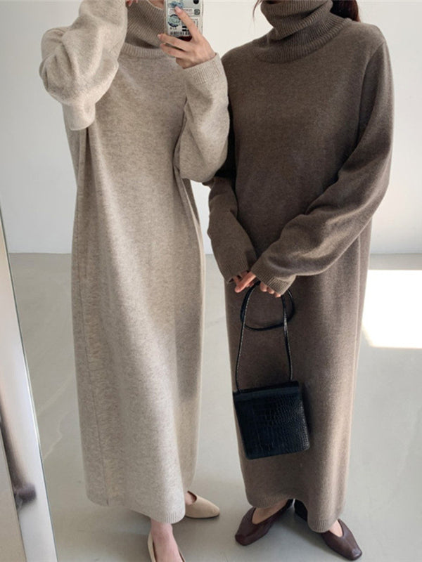 Long Sleeves Loose Color High-neck Sweater Dresses