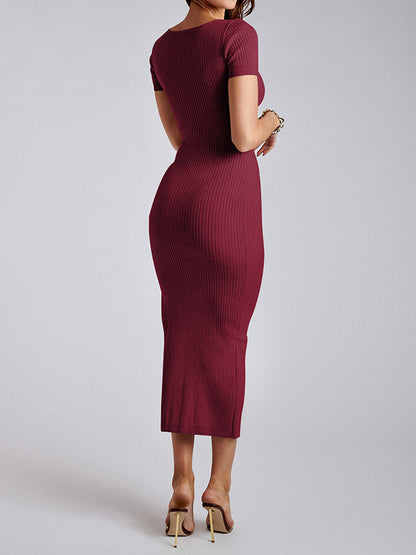 Short Sleeves Skinny Color Split-side Round-neck Midi Dresses