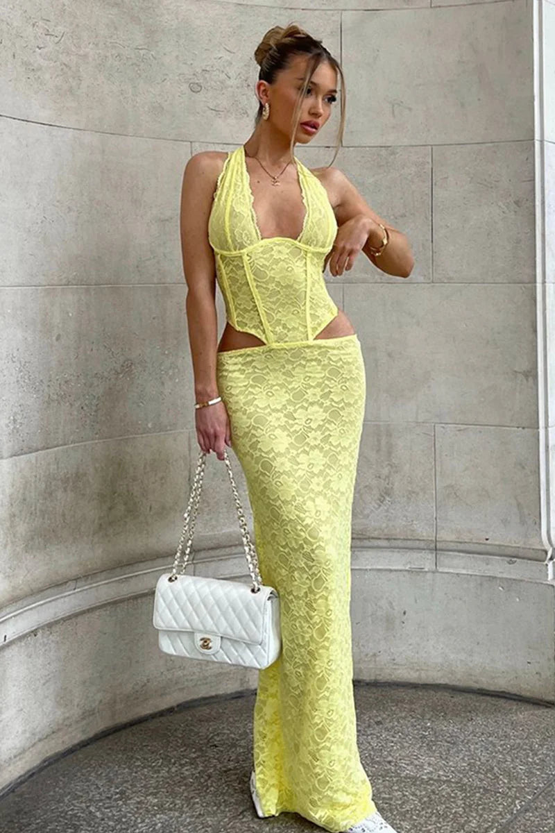 Halter Hollow Waist Split Maxi Dress