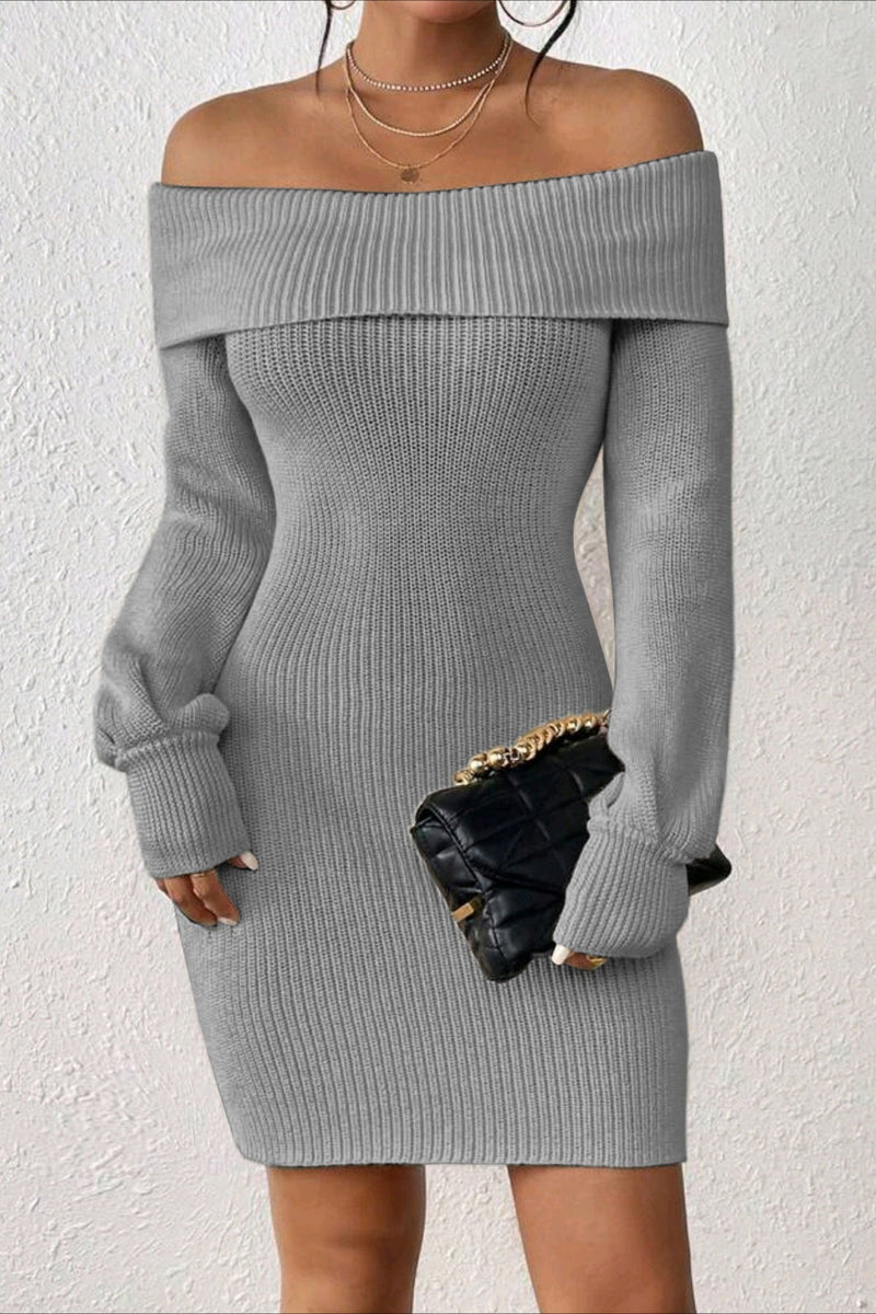 Long Sleeve Off Shoulder Slim Fit Knit Sweater Dress