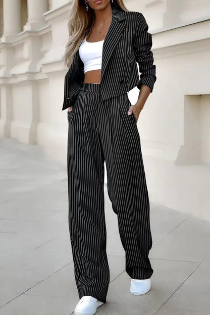 Striped Cropped Two Piece Blazer Pants Set