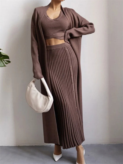 Knit Summer White Two Piece Holiday Party Maxi Skirt Outfits High Split Knitwear Female Sets Skirt
