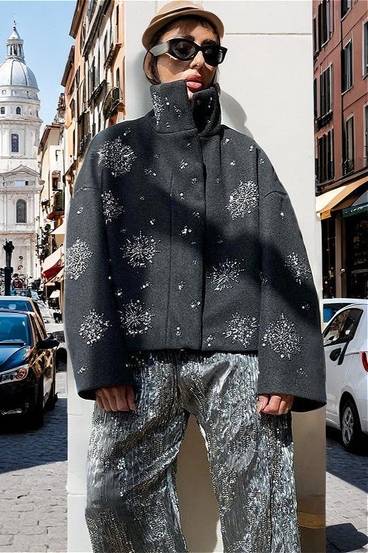 Rhinestone Turtleneck Loose Coat